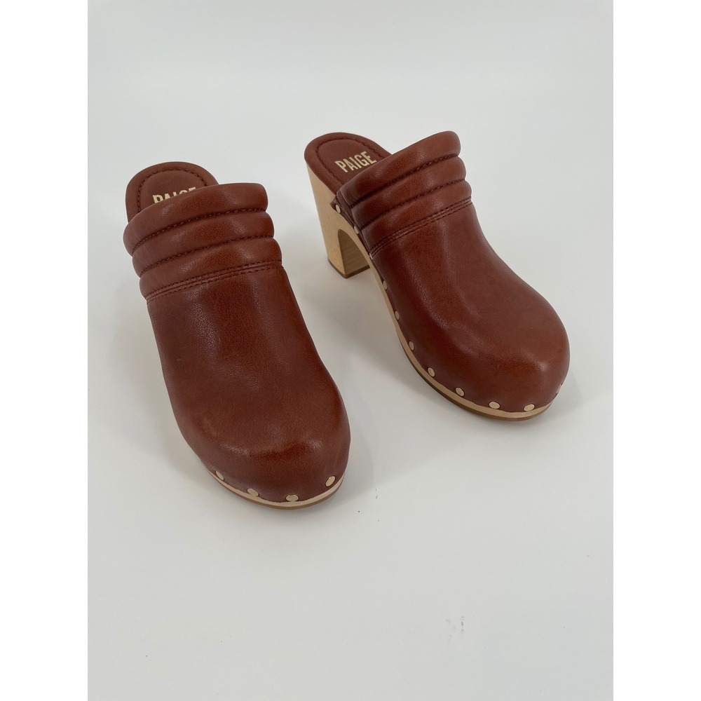 Paige Womens Cognac Leather Wood Platform Clogs Studded‎ Padded Mules Brown 6.5